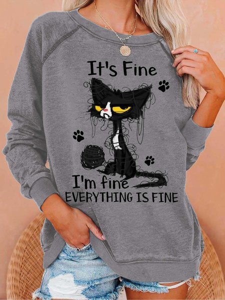 

Women's Cat It’s Fine I’m Fine Everything Is Fine Crew Neck Casual Sweatshirt, Gray, Hoodies&Sweatshirts