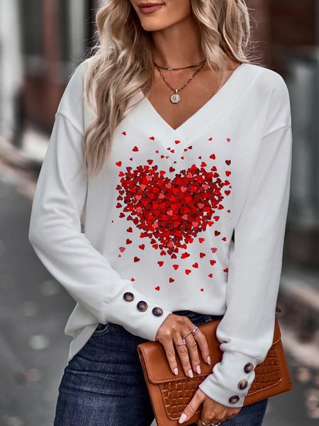 

Casual V Neck Valentine's Day Loose T-Shirt, White, Tops