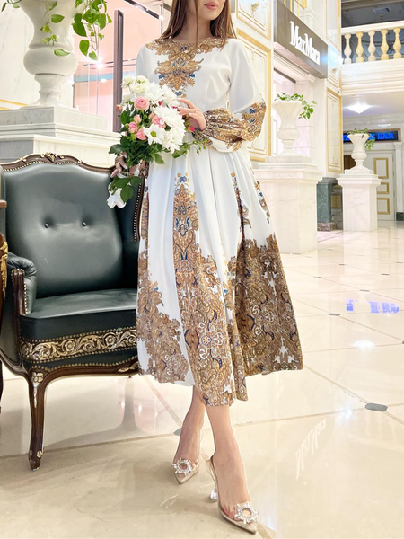 

Regular Fit Painting Elegant Crew Neck Dress, White, Midi Dresses