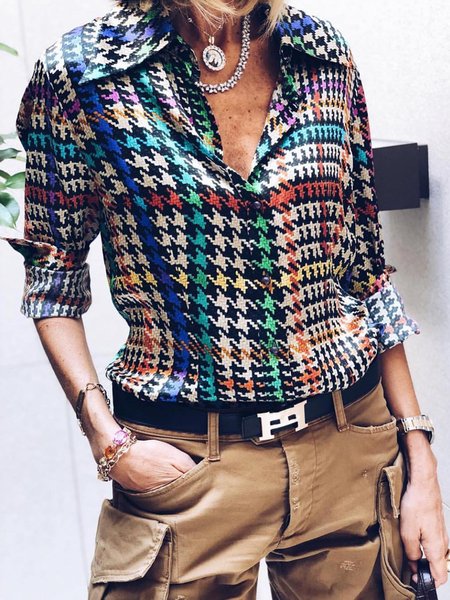Houndstooth Shirt Collar Loose Urban Blouse, As picture, Blouses and Shirts