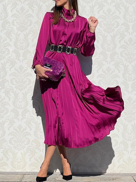

Elegant Satin Plain Long Sleeve Pleated Dress, Rose red, Midi Dresses