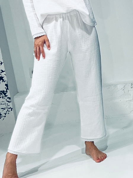 

Lace Plain Casual Cotton And Linen Casual Pants, White, Pants