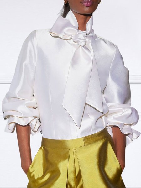

Elegant Plain Satin Lace-up Bow Blouse, White, Blouses and Shirts
