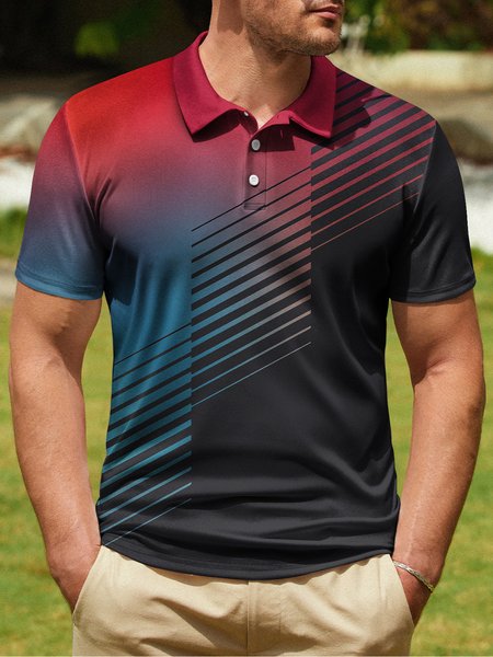 

Gradient Geometric Button Short sleeve Polo Shirt, Rose red, Polo Shirts