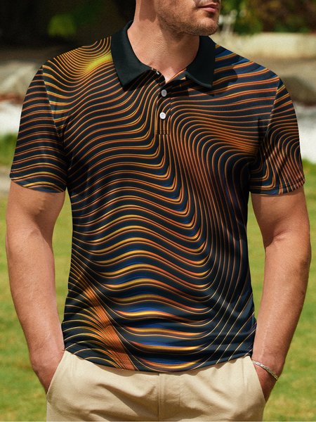 

Abstract Gradient Stripe Button Short Sleeve Polo Shirt, Yellow brown, Polo Shirts