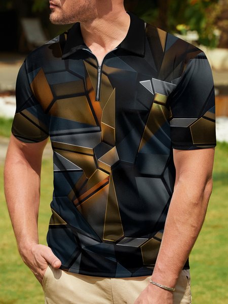 

Abstract Geometric Zip Short Sleeve Polo Shirt, Black, Polo Shirts