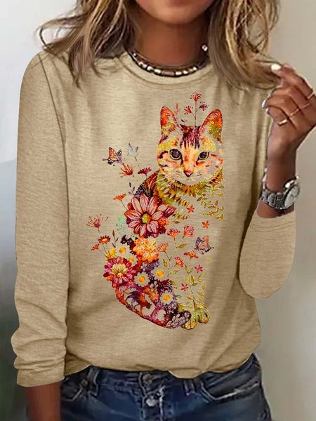 

Women's Casual Fancy Flower Cat Art Print Top, Apricot, Long sleeves