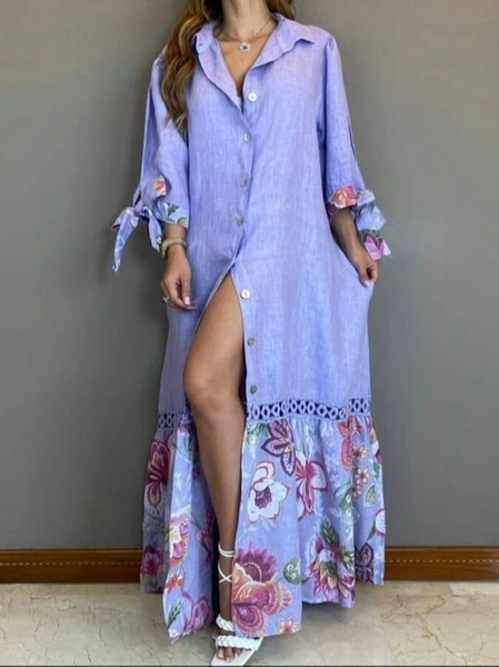 

Floral Loose Casual Shirt Collar Dress, Multicolor, Maxi Dresses