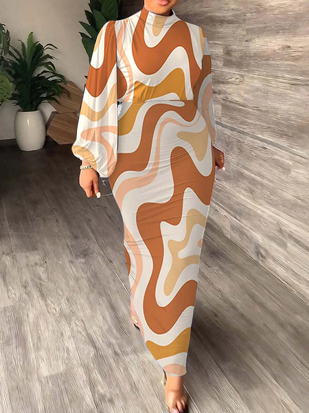 

High Elasticity Tight Geometric Long sleeve Elegant Dress, Multicolor, Maxi Dresses