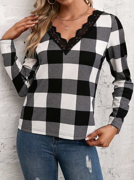 

Casual V Neck Plaid Loose T-Shirt, Multicolor, T-Shirts