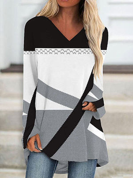 

Colorblock Casual V Neck T-Shirt, Multicolor, Tunics