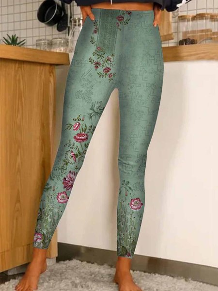 

Wool/Knitting Casual Tight Floral Leggings, Green, Leggings