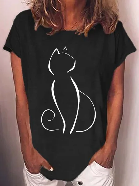 

Women’s Cat Print Casual T-Shirt, Black, T-shirts