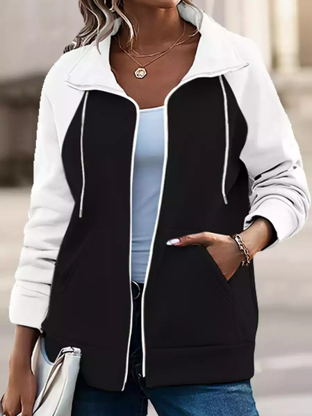 

Casual Stand Collar Color Block Loose Coat, Black-white, Outerwear