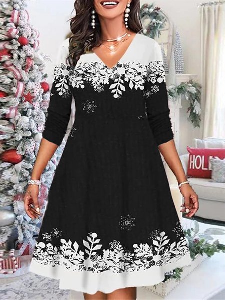 

Casual Regular Fit Snowflake Color Block V Neck Dress, Black-white, Mini Dresses