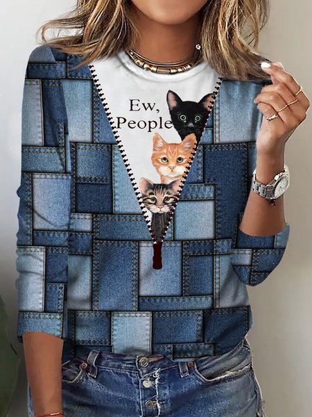 

Color Block Crew Neck Casual Cat T-Shirt, Denim blue, T-Shirts