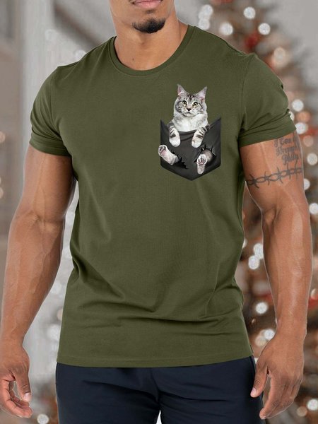 

Men’s Cat In The Pocket Pattern Regular Fit Casual Cotton T-Shirt, Army green, T-shirts