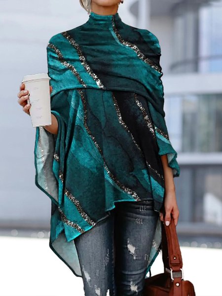

Cotton-Blend Loose Turtleneck Casual Top, Blue, Tunics