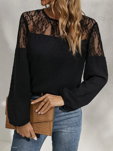

Simple Loose Crew Neck Top, Black, Tops