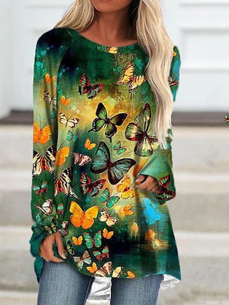 

Crew Neck Butterfly Loose Casual T-Shirt, Green, T-Shirts