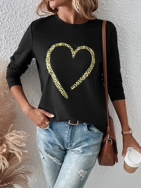 

Crew Neck Loose Leopard Heart/Cordate Casual T-Shirt, Black, T-Shirts