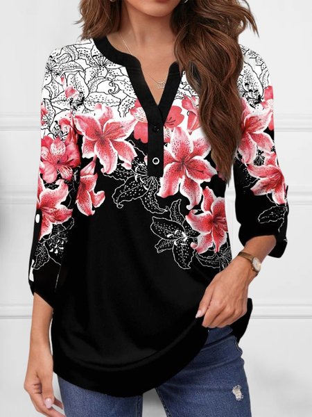 

V Neck Floral Boho Loose Blouse, Red, Blouses & Shirts