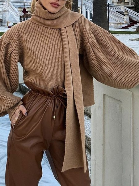 

Plain Elegant Acrylic Regular Fit Sweater With Scarf, Coffee, Pullovers