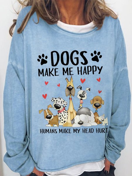 

Women's Funny Word Dog Make Me Happy Crew Neck Simple Sweatshirt, Light blue, Hoodies&Sweatshirts