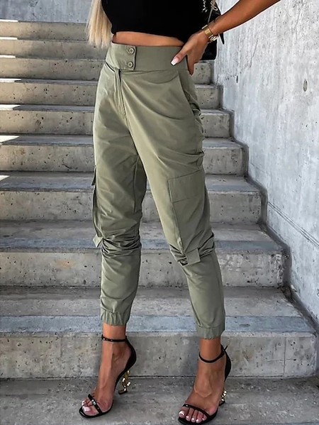 

Casual Loose Plain Cotton Casual Pants, Army green, Pants