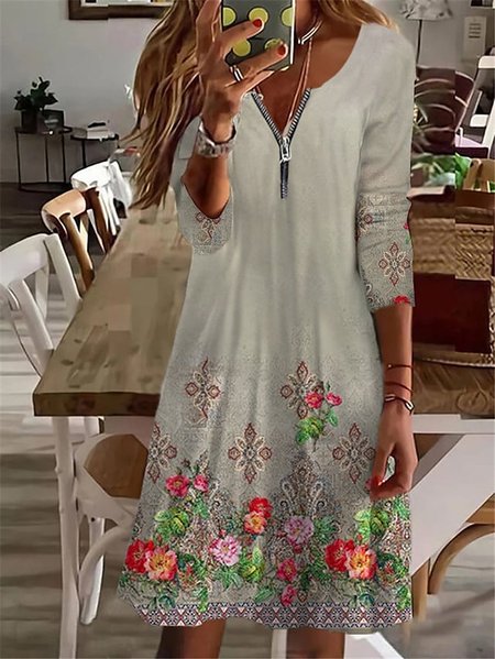 

Loose Casual V Neck Floral Dress, Multicolor, Dresses
