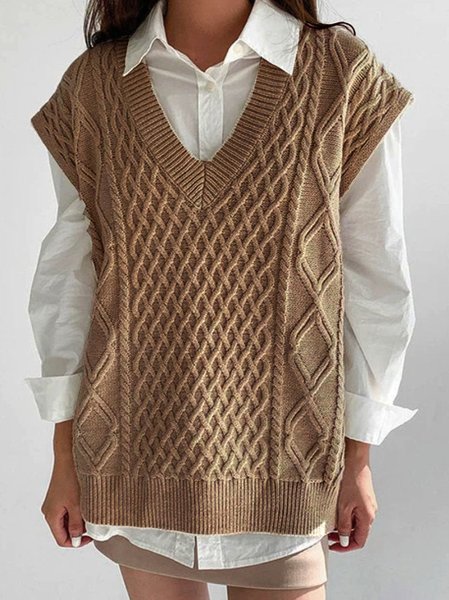 

V Neck Acrylic Casual Sweater, Camel, Sweaters & Cardigans