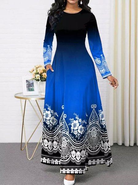 

Regular Fit Crew Neck Gradient Urban Dress, Blue, Maxi Dresses