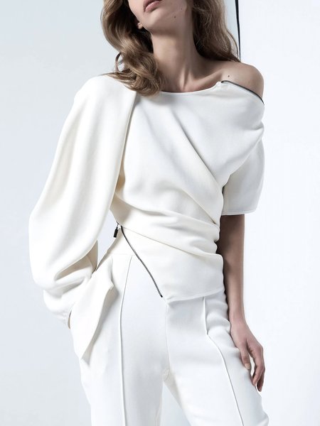 

Long sleeve One Shoulder Regular Fit Urban Top, White, Linen Tops