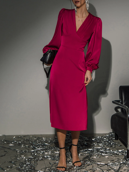 

Elegant V Neck Satin Dress & Party Dress, Pink, Maxi Dresses