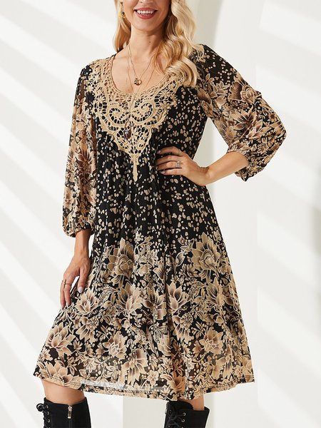 

Floral Crew Neck Lace Elegant Dress, Multicolor, Dresses