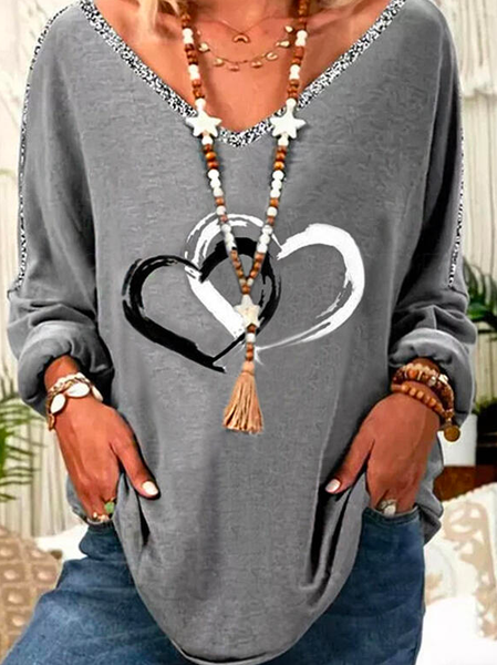 

Casual Loose Heart/Cordate V Neck Valentine's Day T-Shirt, Gray, Tops