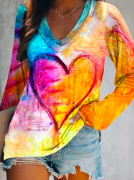 

Casual V Neck Loose Valentine's Day T-Shirt, Multicolor, T-Shirts