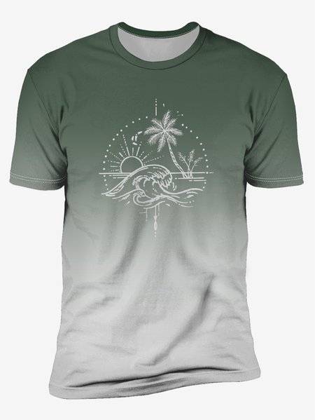 

Gradient Color Coconut Tree Crew Neck Casual T-Shirt, Green, Men's t-shirts
