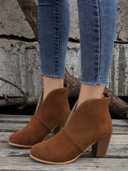 

Women's Front V Cut-out Chunky Heel Slip On Booties, Brown, Boots