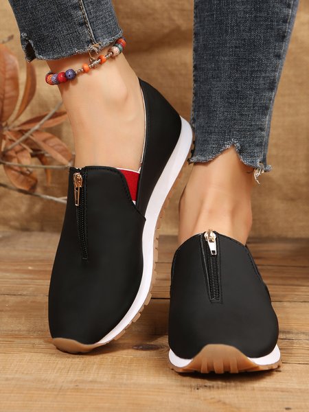 Plus Size Front Zip Casual Sneakers, Black, Sneakers