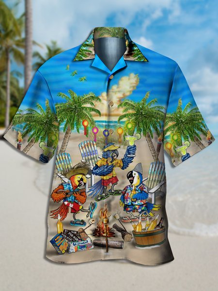 

Mens Parrot Print Hawaiian Short Sleeve Shirt Collar Trendy Aloha Shirt, Blue, Men's Floral shirt