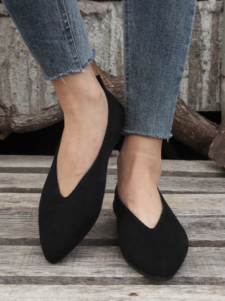 Casual Plain Front V Cut-out Flat Shoes, Black, Flats