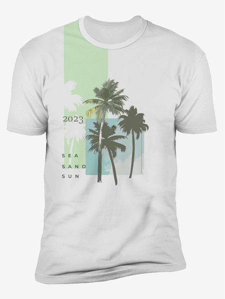 

Coconut Tree Crew Neck Casual T-Shirt, White, Men's t-shirts