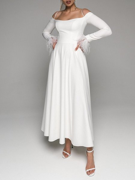

Long sleeve Cold Shoulder Plain Elegant Party Dress, White, Midi Dresses