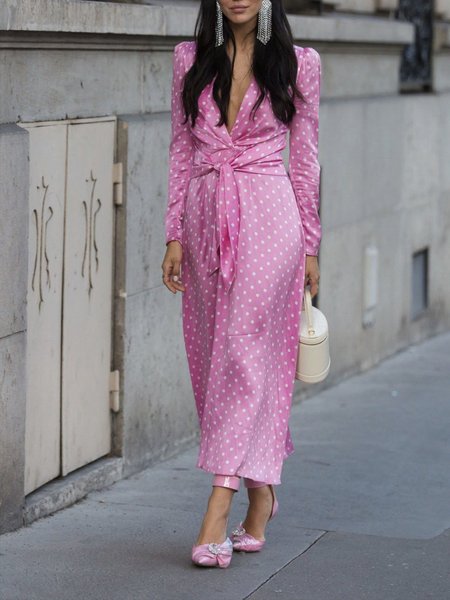 

Long sleeve Elegant Polka Dots Regular Fit Dress, Pink, Midi Dresses