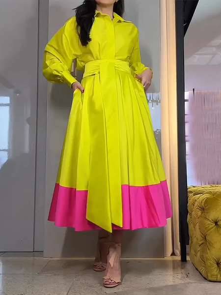 

Loose Elegant Shirt Collar Long sleeve Long Dress, Yellow, Maxi Dresses