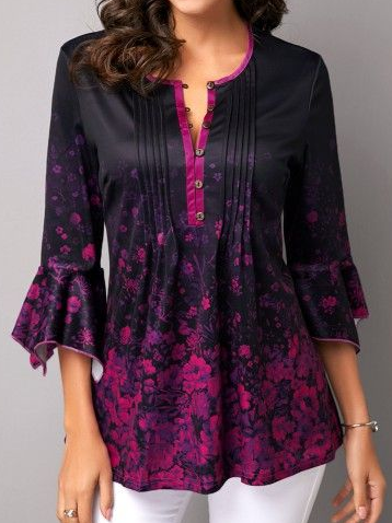 

Floral Casual Half Open Collar Regular Fit Top, Black, Tunics