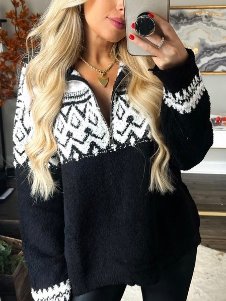 

Ethnic Loose Ethnic Shawl Collar Sweatshirt, Black, Sweaters & Cardigans