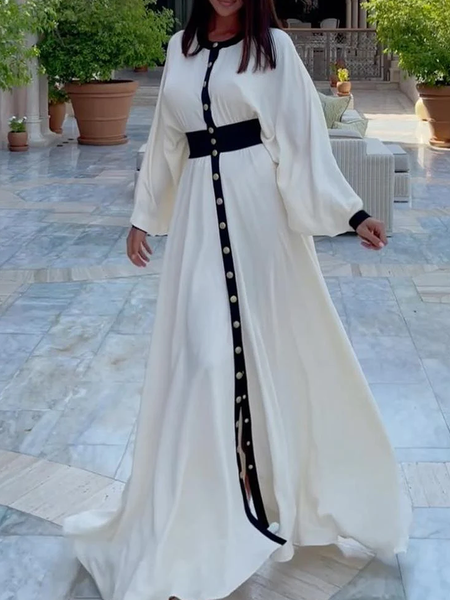 

Color Block Crew Neck Long sleeve Elegant Long Dress, Black-white, Maxi Dresses