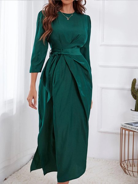 

Crew Neck Elegant Regular Fit Plain Dress, Green, Midi Dresses